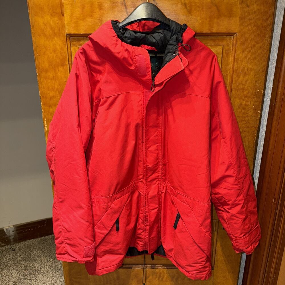 Mens J. Crew Red with Black Lining Heavy Weight Jacket With Hood Size Medium